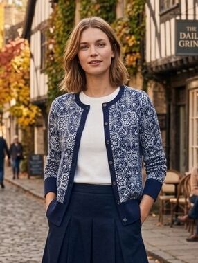 Lands End Women's Preppy Navy Snowflake Pattern Supima Cotton Cardigan Size S